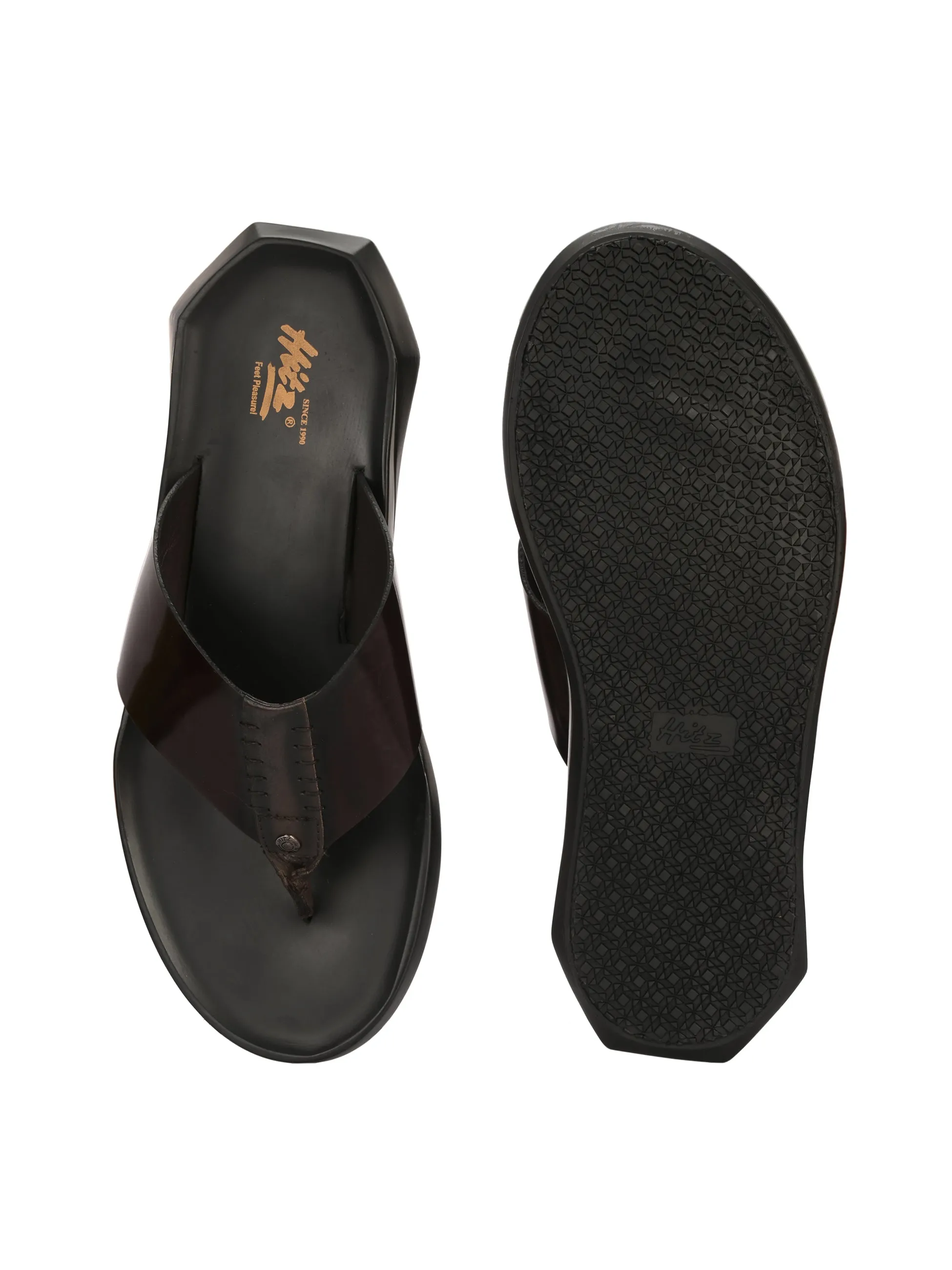 Hitz Men's Black Leather Open Toe Slippers
