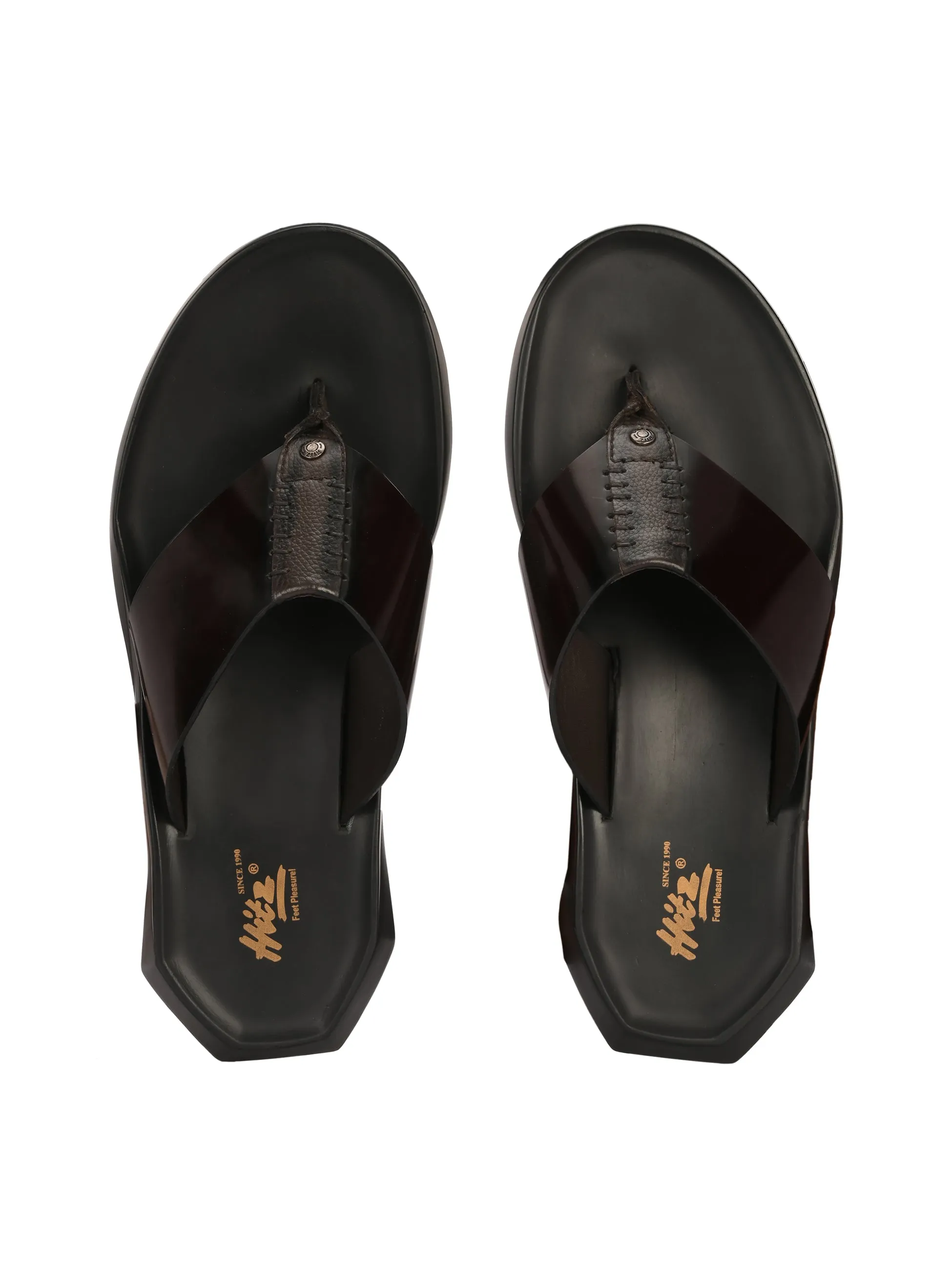 Hitz Men's Black Leather Open Toe Slippers