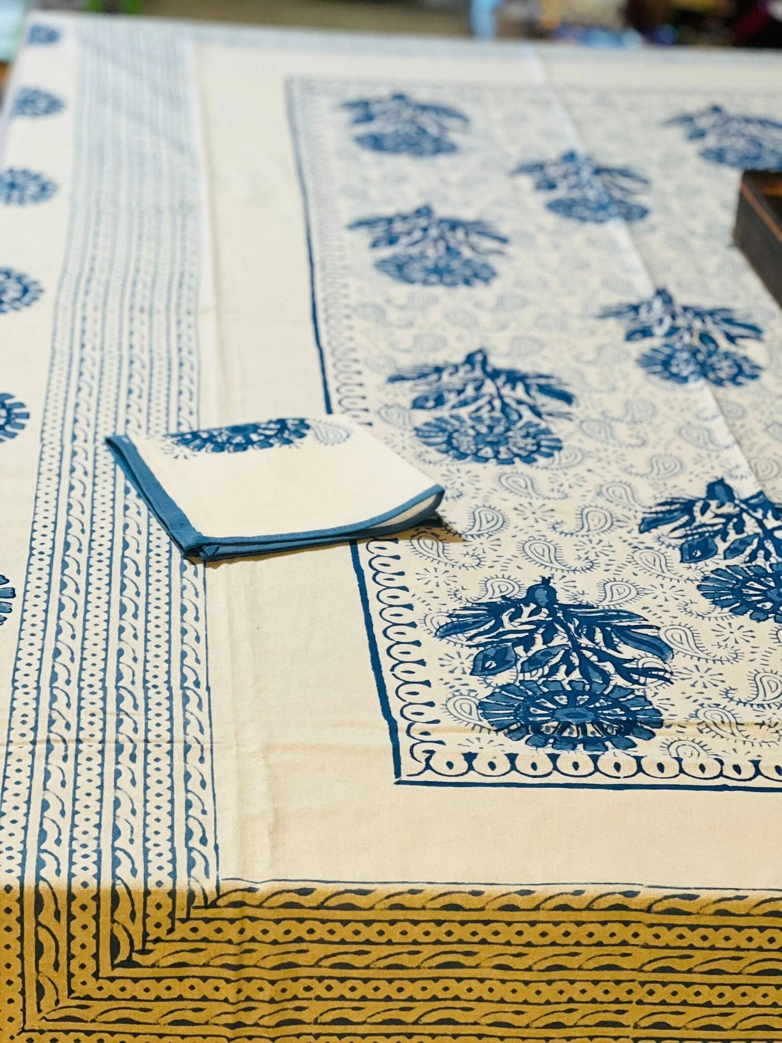 Indian Block Print Tablecloth, Blue Floral Cotton Table Cover, Tablecloth With Napkins Set, Blue Jaipur Print  Rectangle Table Cloth