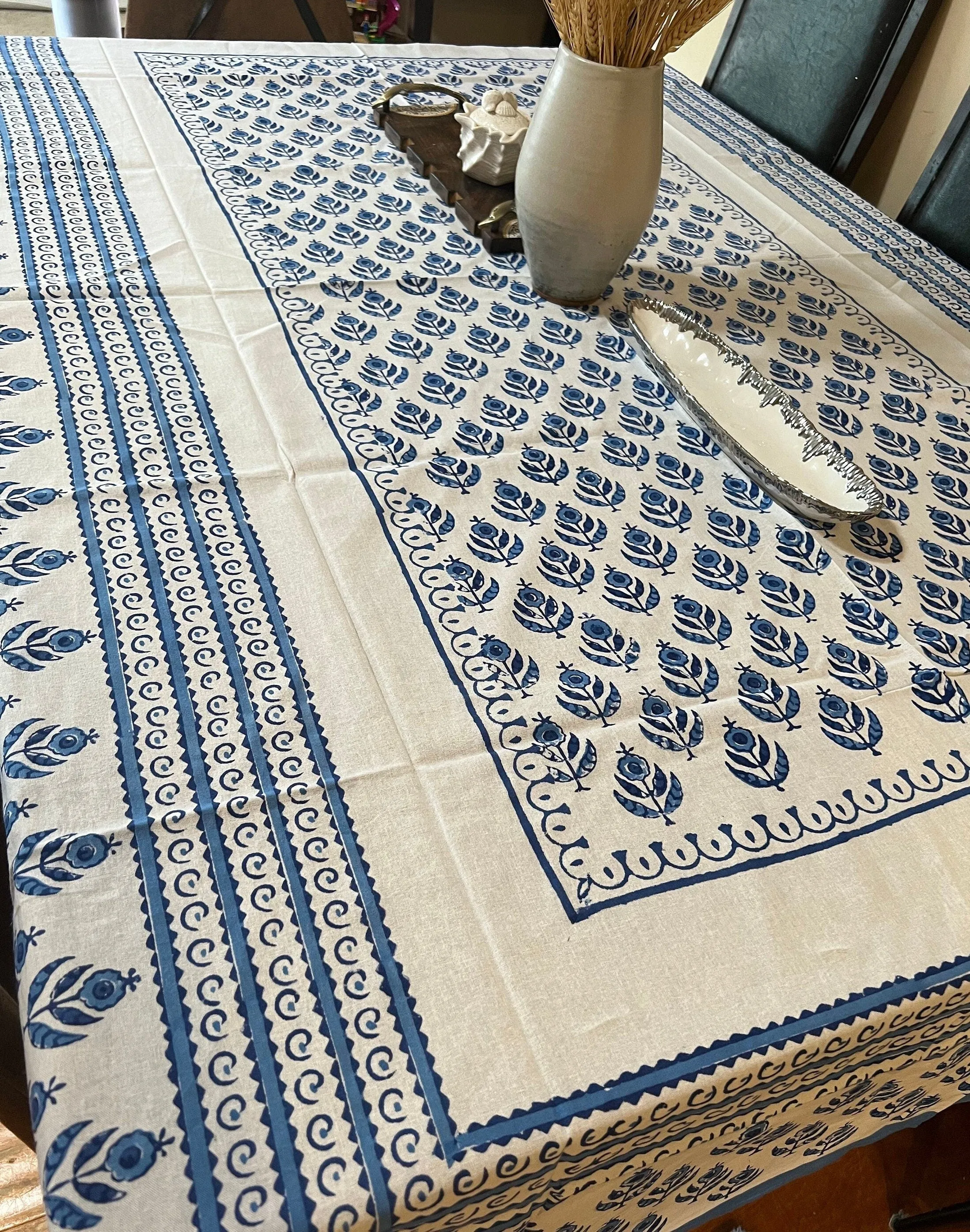 Indian Block Print Tablecloth, Blue Floral Cotton Table Cover, Tablecloth With Napkins Set, Blue Jaipur Print  Rectangle Table Cloth