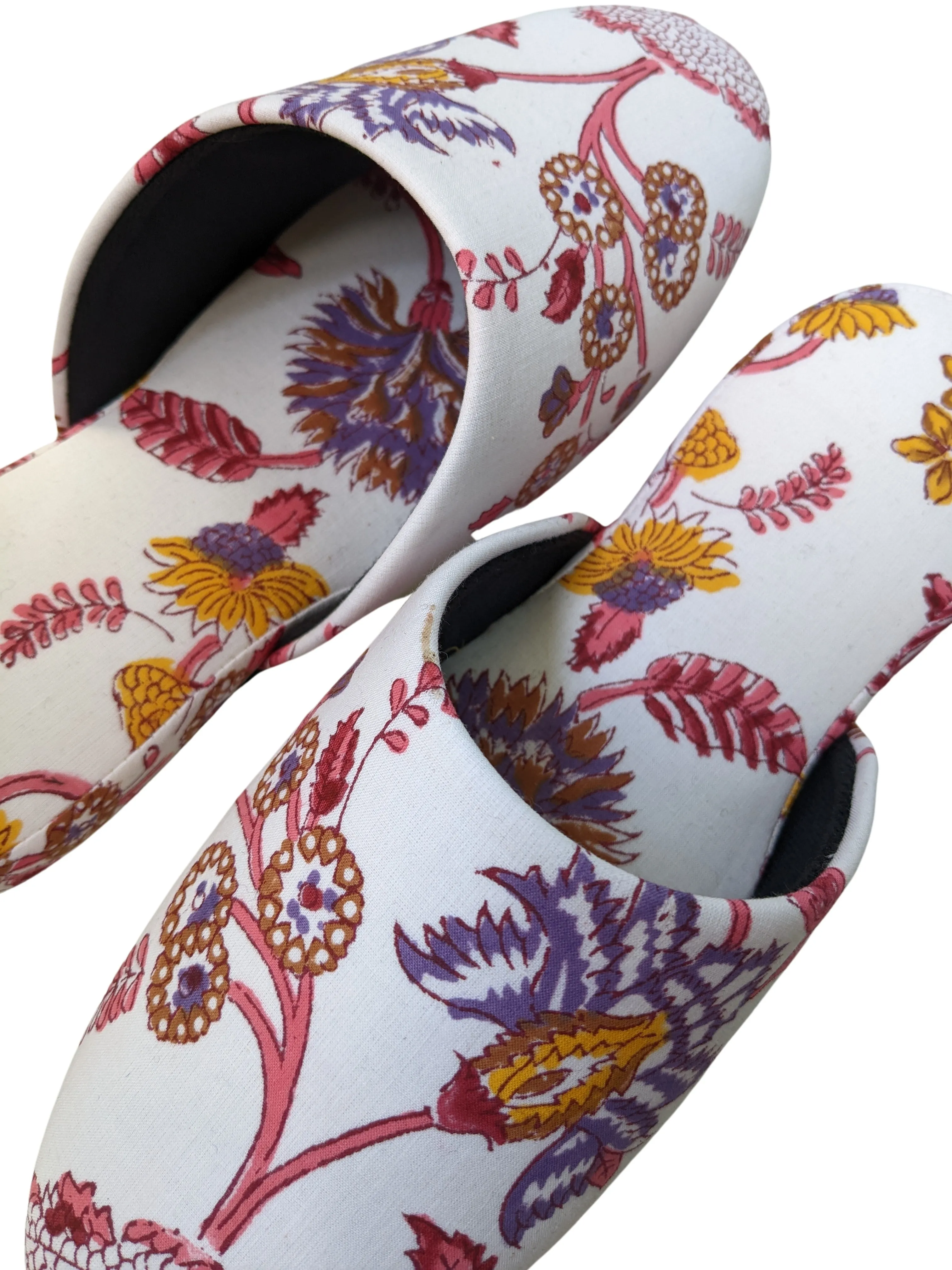 Large Block Printing Flowers Mix Slippers [Black wool felt soles] LF2205 [Size Large] HanaSHI