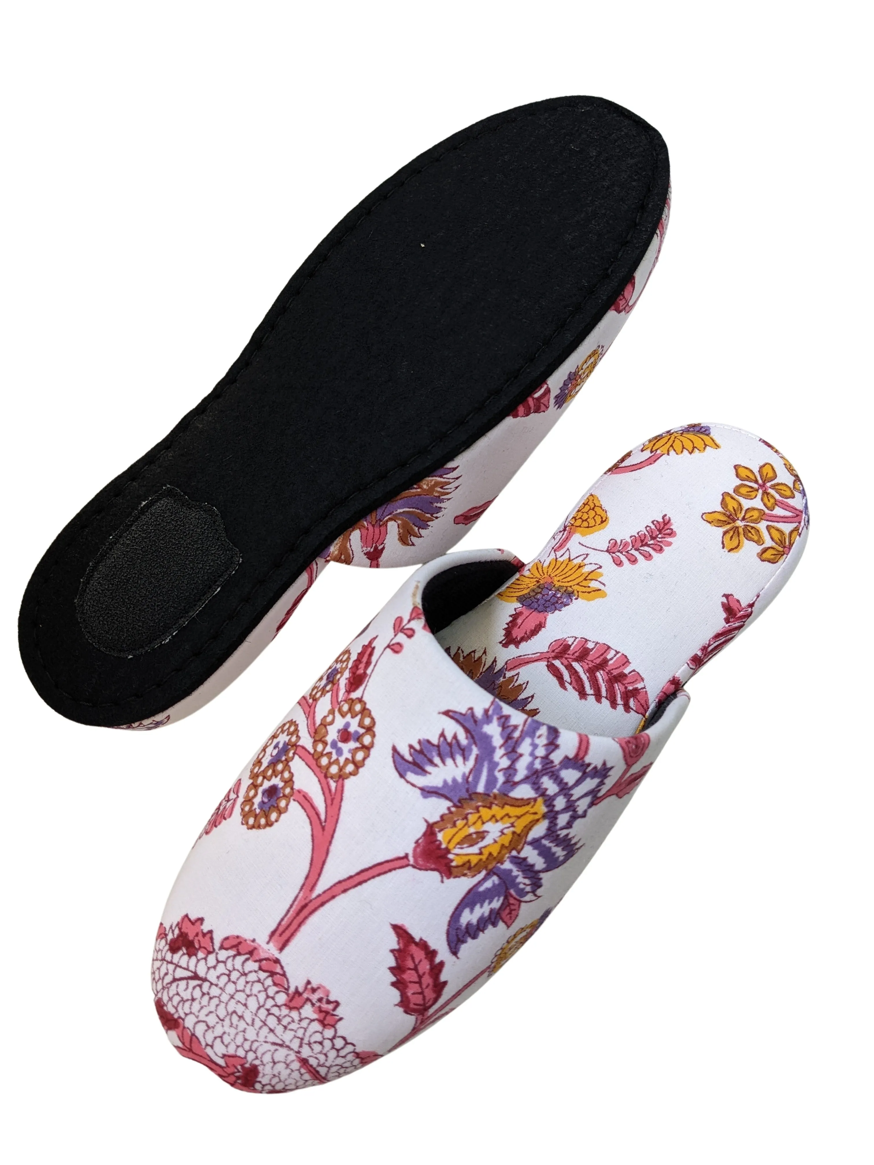 Large Block Printing Flowers Mix Slippers [Black wool felt soles] LF2205 [Size Large] HanaSHI