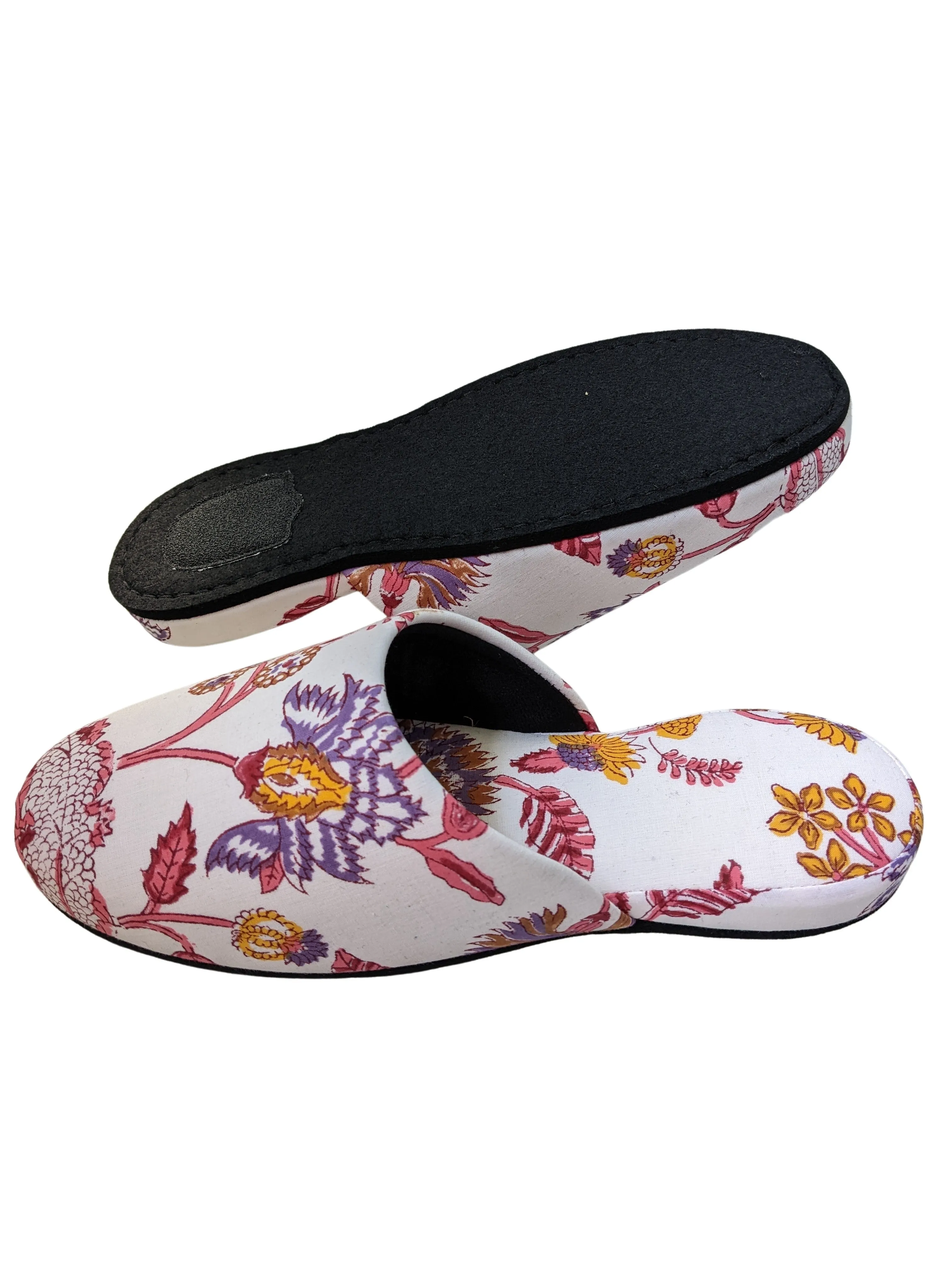 Large Block Printing Flowers Mix Slippers [Black wool felt soles] LF2205 [Size Large] HanaSHI