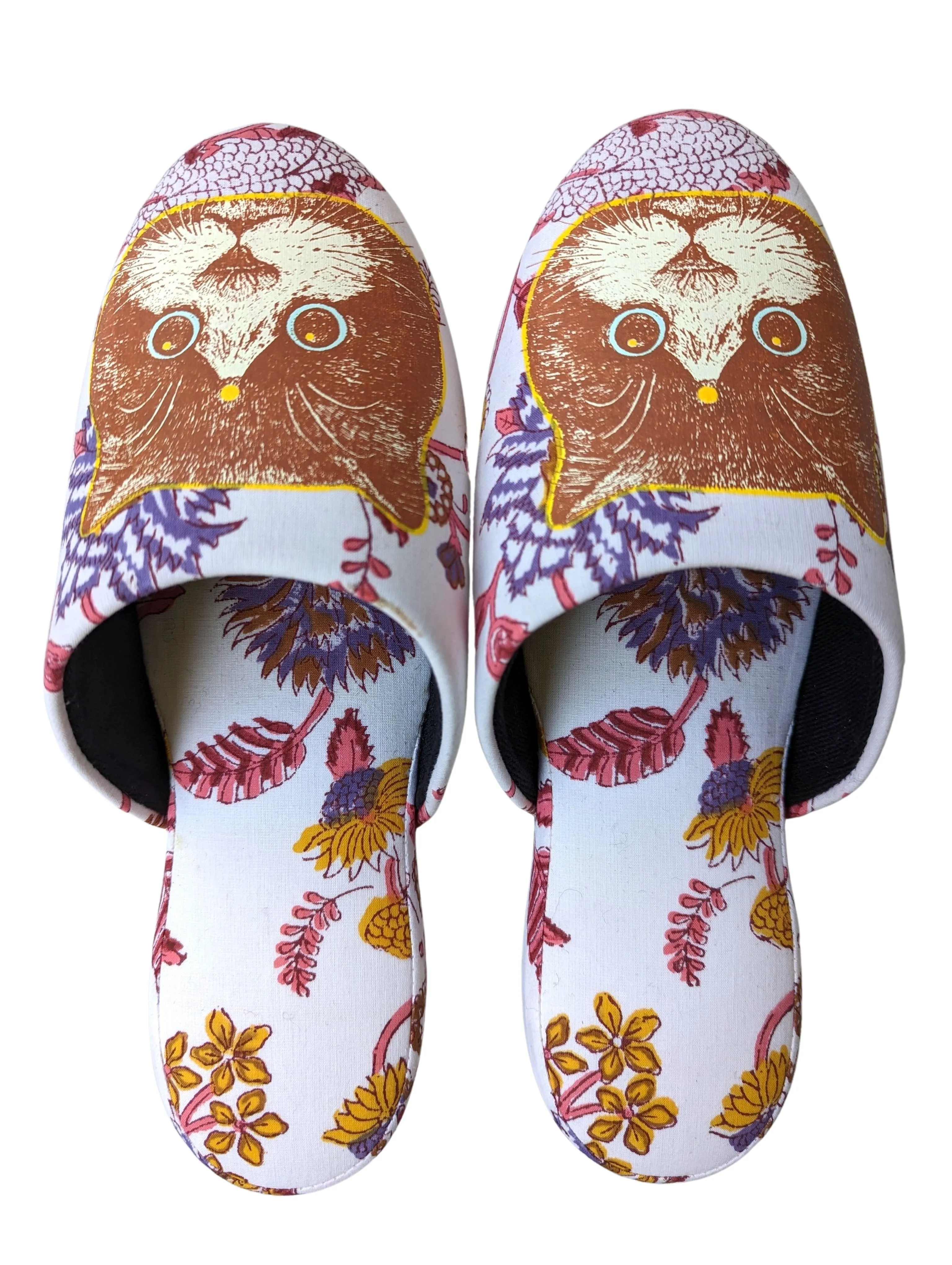 Large Satoshi Onodera / FujiTama-Chang Cat mix slippers #2023SS-10 / Silkscreen Printed Mix Slippers [Black wool felt sole] Large
