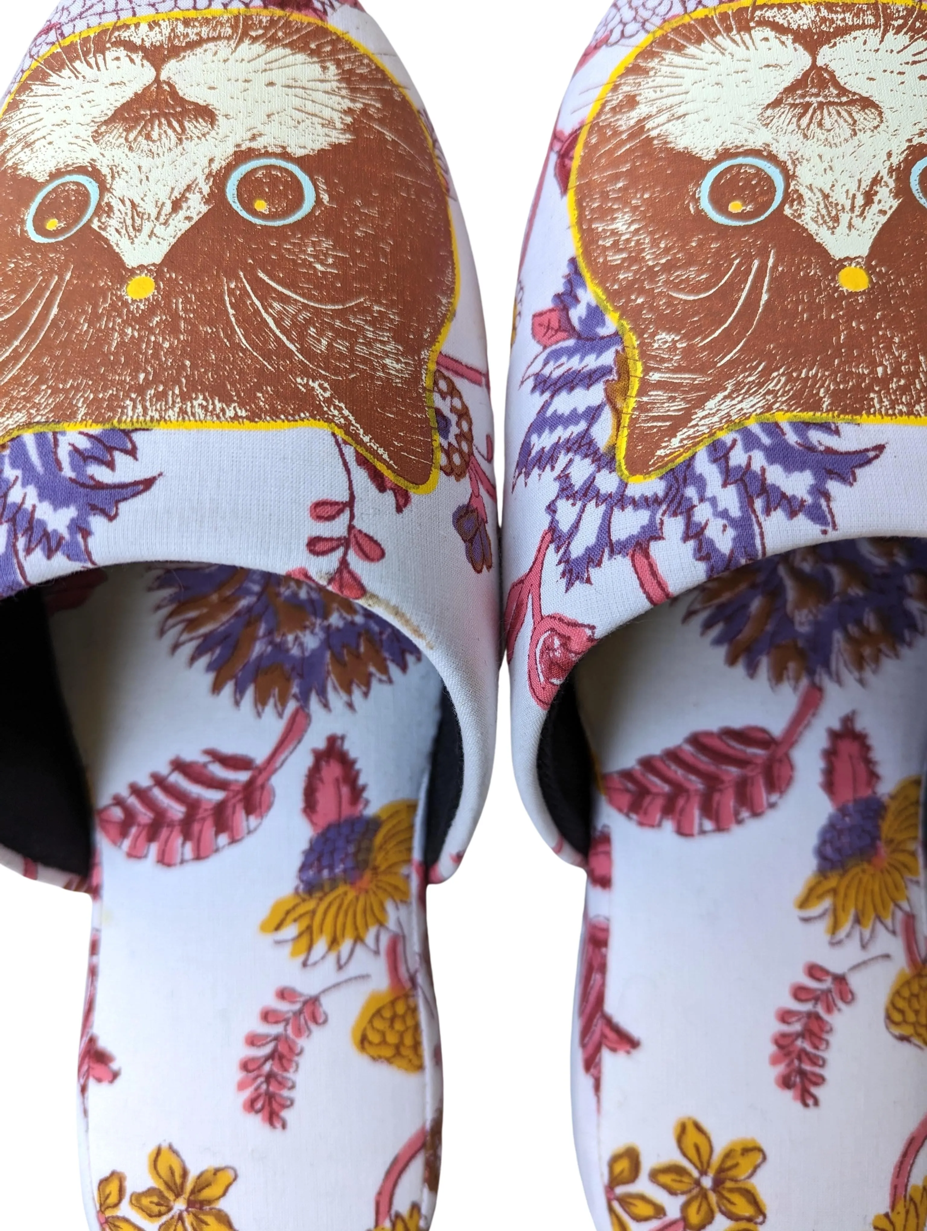 Large Satoshi Onodera / FujiTama-Chang Cat mix slippers #2023SS-10 / Silkscreen Printed Mix Slippers [Black wool felt sole] Large