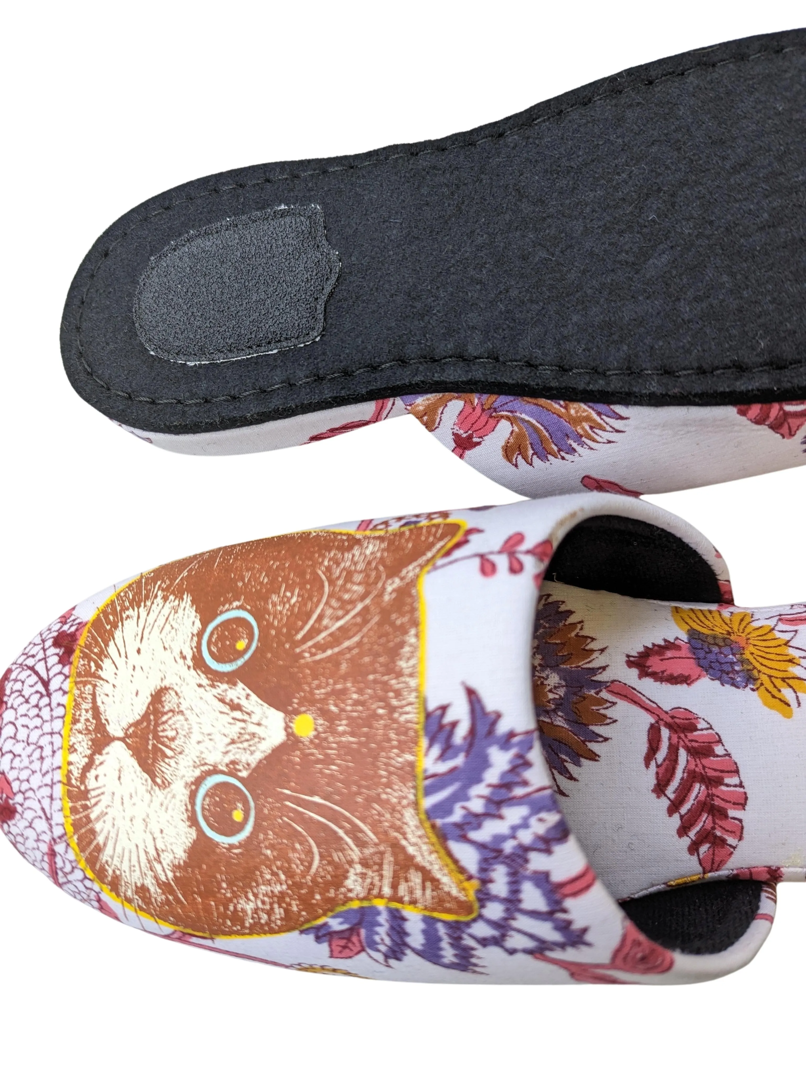 Large Satoshi Onodera / FujiTama-Chang Cat mix slippers #2023SS-10 / Silkscreen Printed Mix Slippers [Black wool felt sole] Large