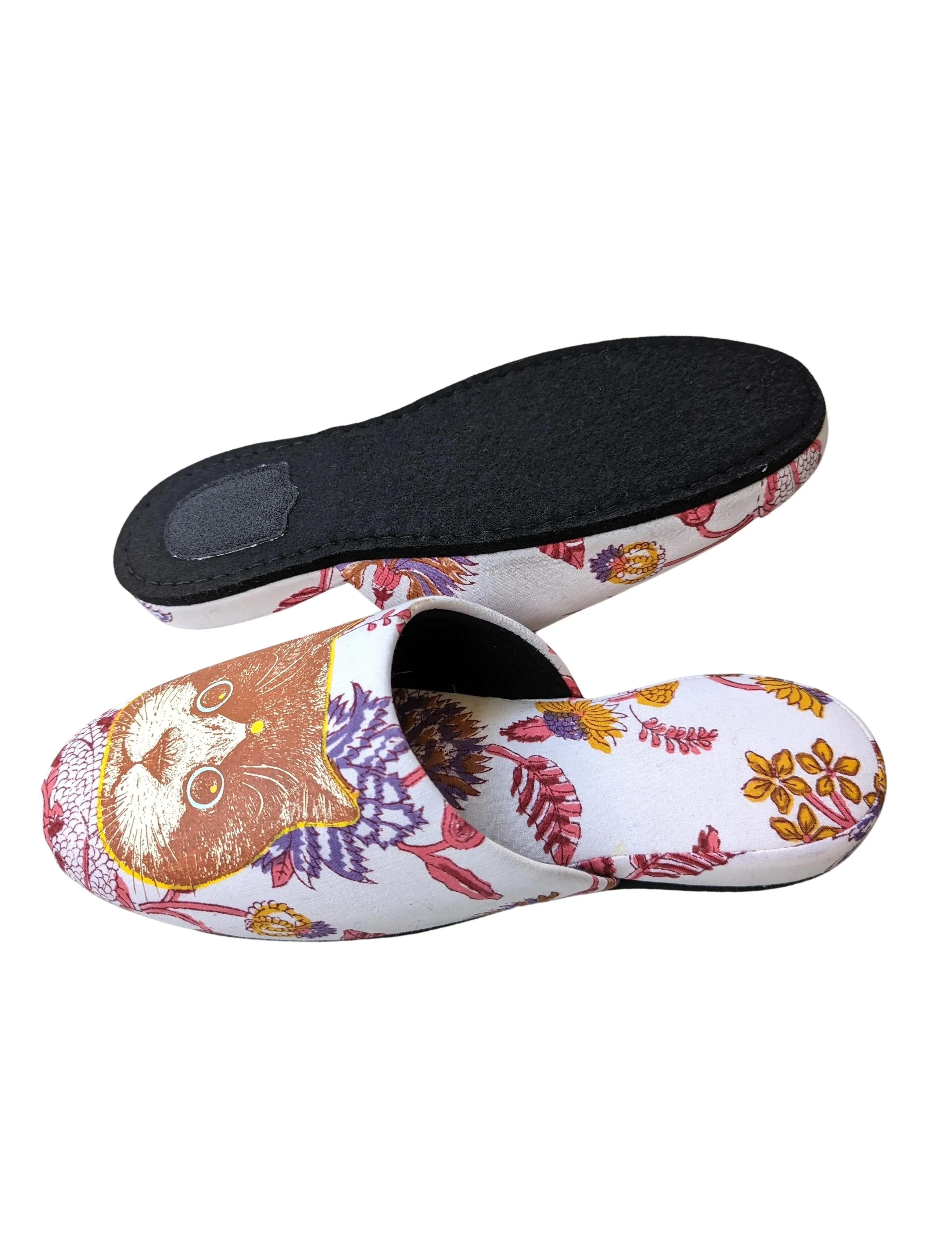 Large Satoshi Onodera / FujiTama-Chang Cat mix slippers #2023SS-10 / Silkscreen Printed Mix Slippers [Black wool felt sole] Large