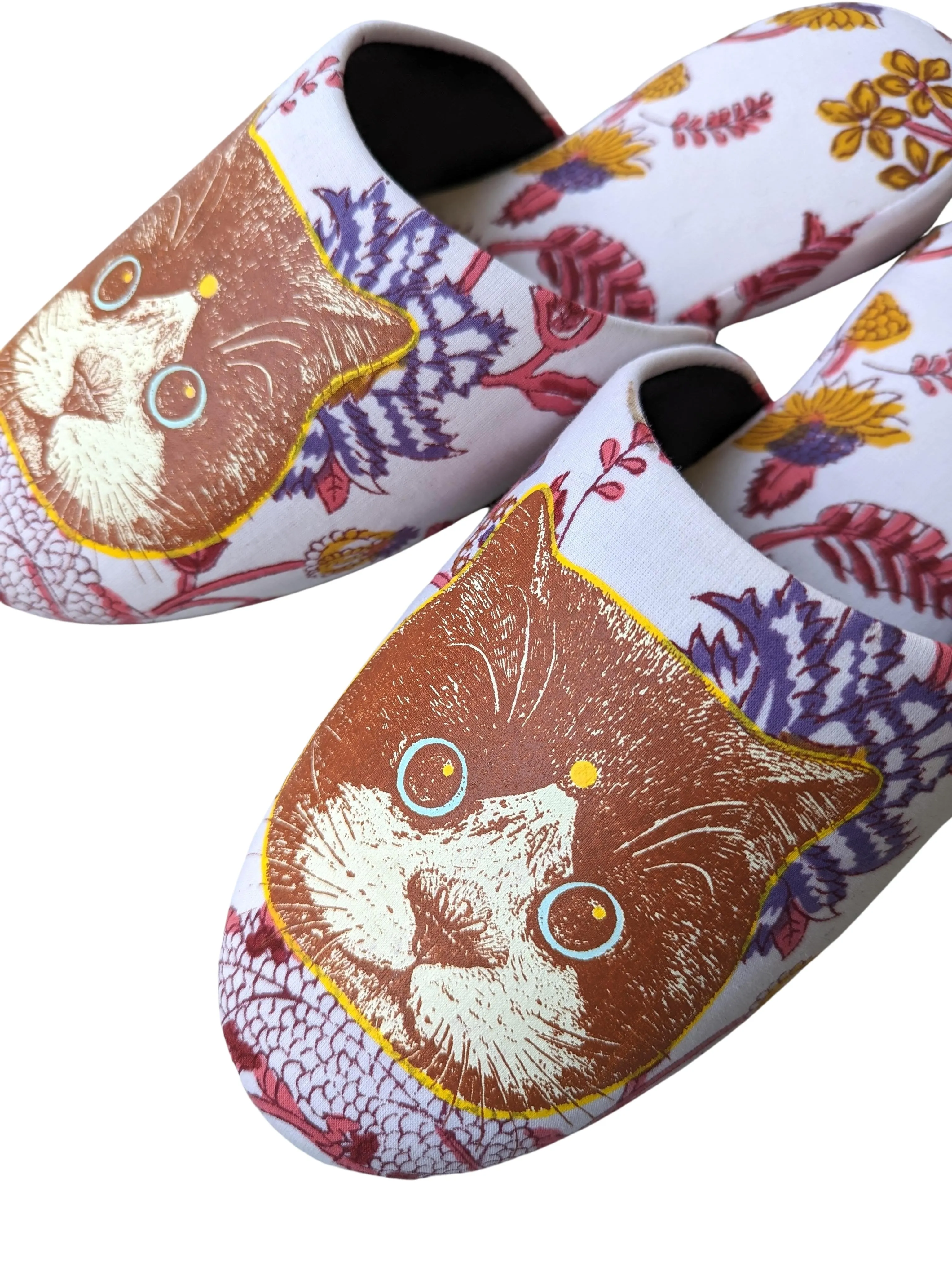 Large Satoshi Onodera / FujiTama-Chang Cat mix slippers #2023SS-10 / Silkscreen Printed Mix Slippers [Black wool felt sole] Large