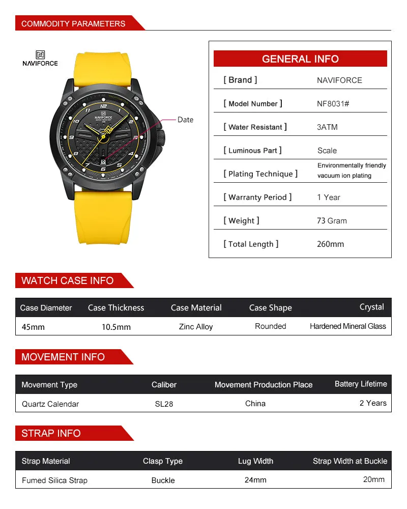 NAVIFORCE 8031 Luxury customized watch for men Quartz Wristwatches Fumed Silica Leather casual Reloj Hombre