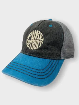 Pure Detroit Retro Trucker Adjustable Hat / Unisex/ Cream   Charcoal & Turquoise