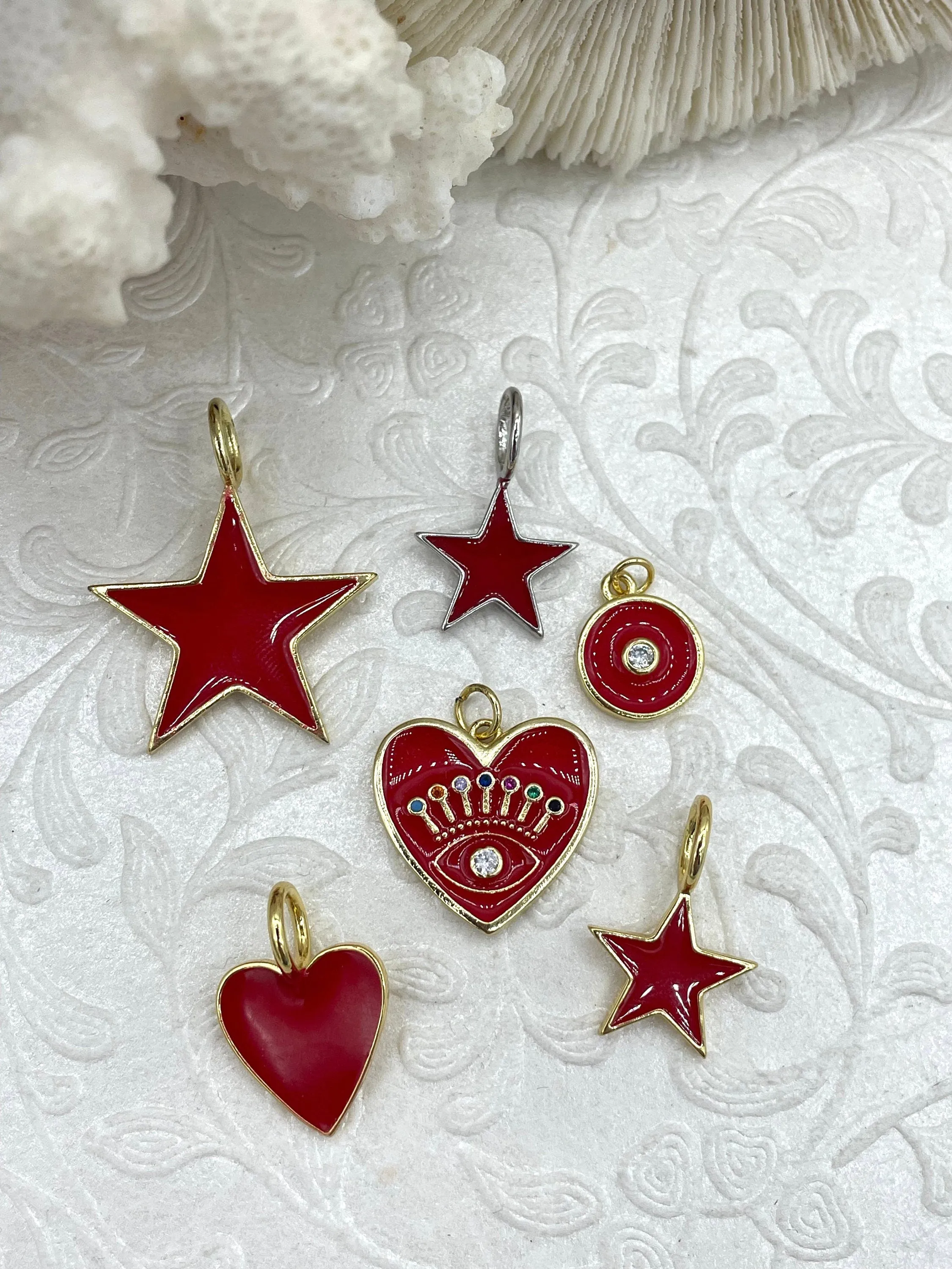 Red or Navy Enamel Star Charms, Silver or Gold Plated Brass, 8 styles, Cubic Zirconia, Brass, and Enamel Charms. Fast Ship