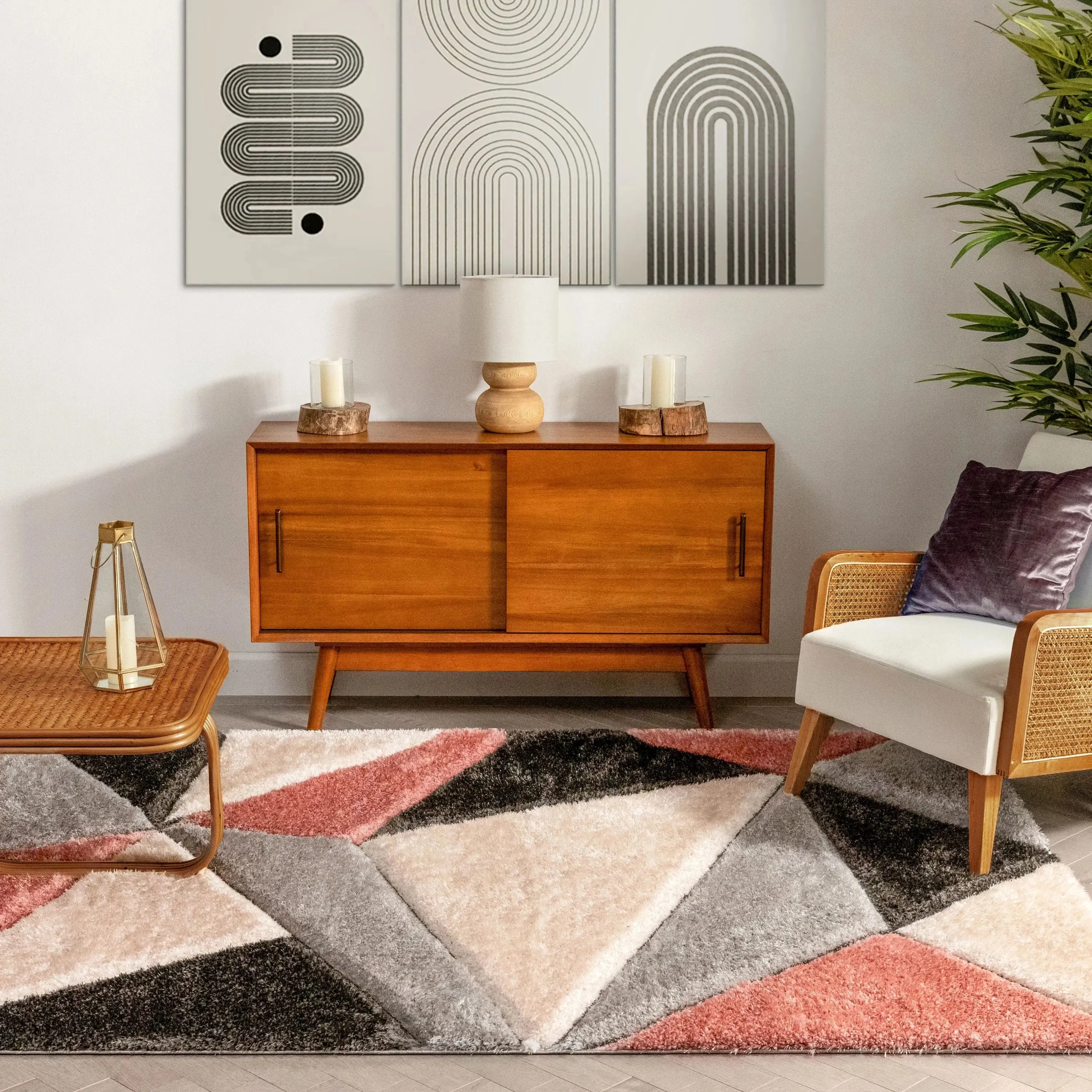 Venice Blush Modern Geometric 3D Textured Shag Rug
