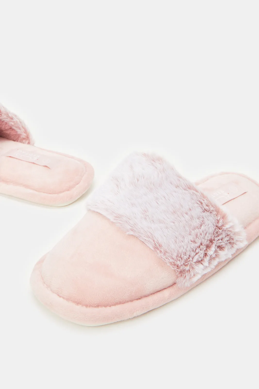 Women Pink Fur Trim Slippers
