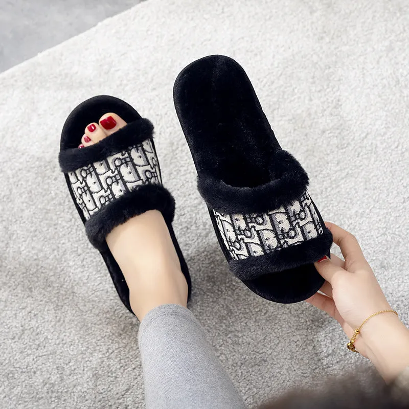 Women's Plush Fur Slippers with Embroidered Pattern