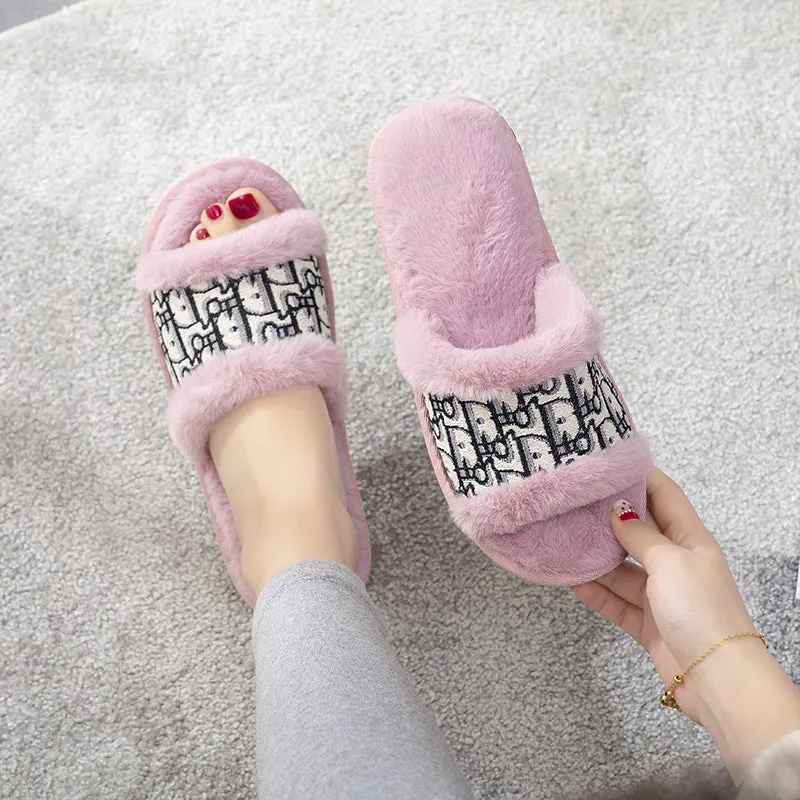 Women's Plush Fur Slippers with Embroidered Pattern